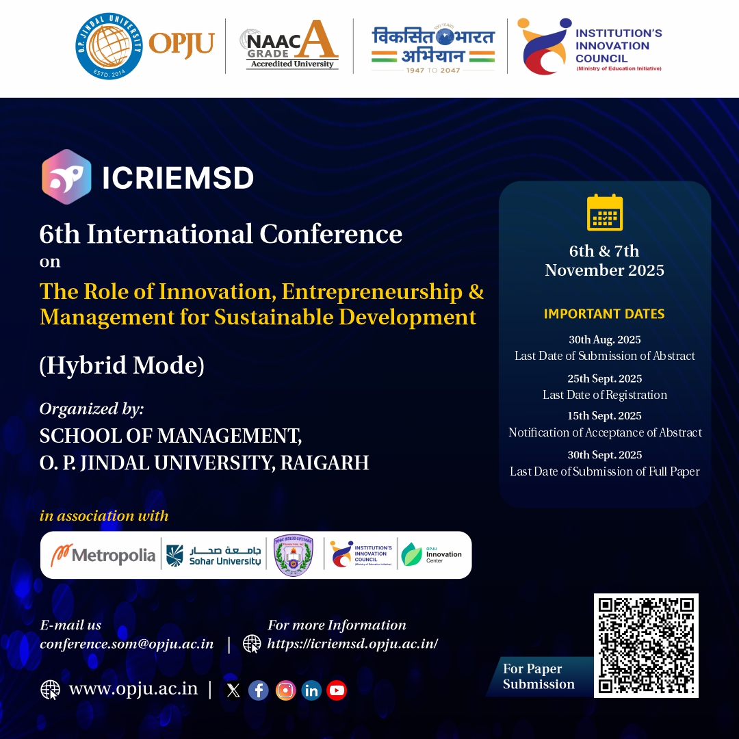 6th International  Conference on The Role of Innovation, Entrepreneurship and Management for sustainable Development  (ICREMSD)